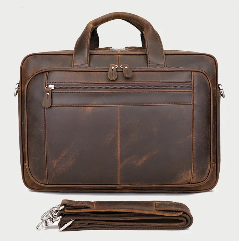 Maleta de couro genuíno para homens, bolsa de negócios, bolsa de couro, bolsas de ombro grandes, couro de cavalo louco, bolsa para laptop