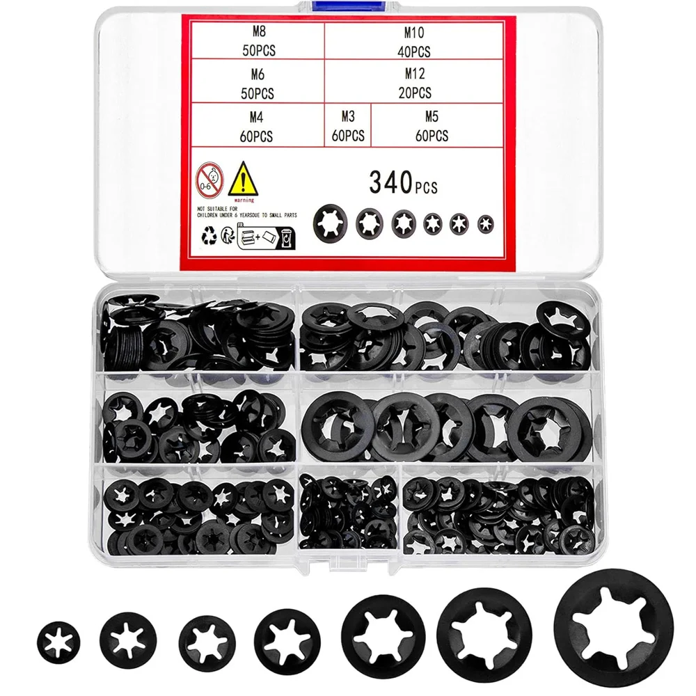 340 Pcs Internal Tooth Starlock Locking Washers, Push On Speed Clips Fasteners Washers Assortment Kit, M3, M4/M5/M6/M8/M10/M12