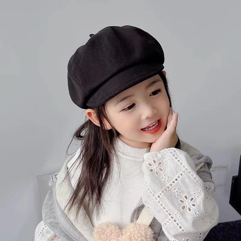 Solid Felt Kids Beret Korean Girl Octagonal Hat Autumn Winter Children Beanie Bonnet Artist Painter Cap 2-10year Baby Sun Visors