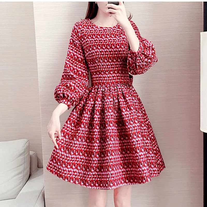 2023 Spring New Red Fashion Dresses Design Sense Light Luxury Elegant Ladies Lantern Sleeve Dress Female O Neck Vintage Vestidos