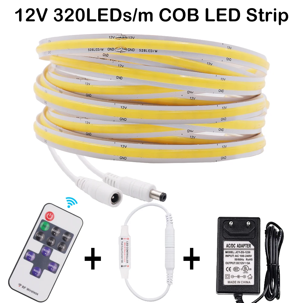 320LEDs/m COB LED Strip 12V Warm White /Nature White/White Bendable Linear Lighting Diode Tape TV Backlight 0.5M 1M 2M 3M 4M 5M