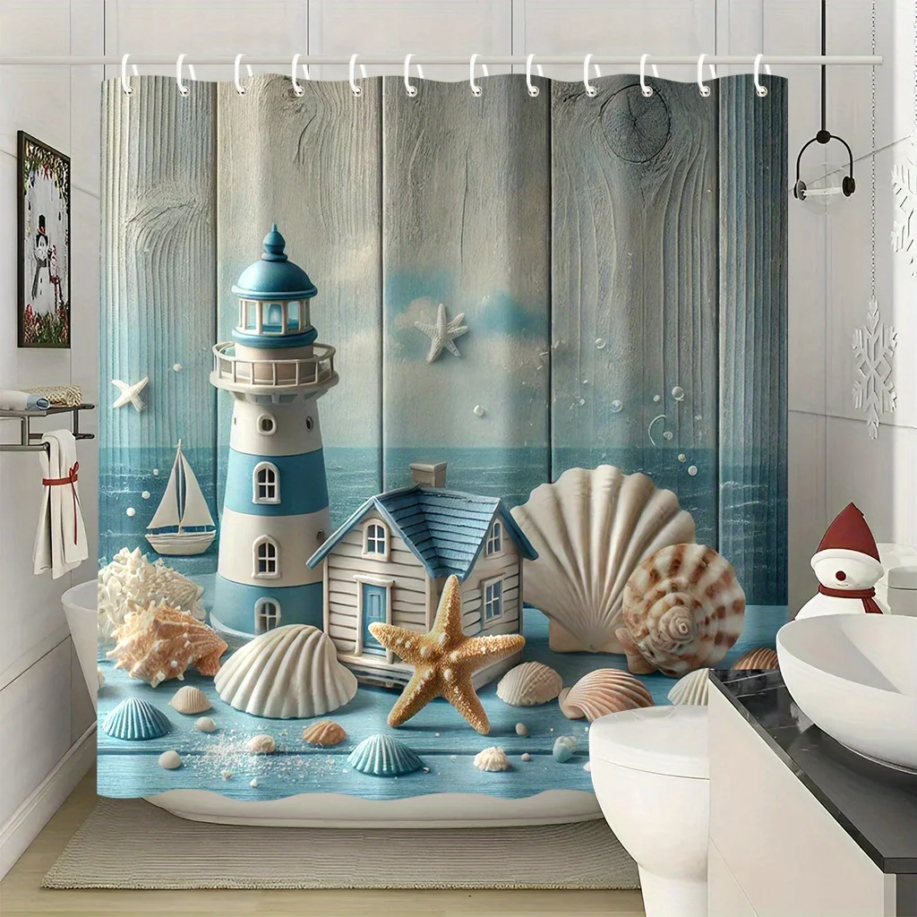 Seashell and lighthouse printed shower curtain on blue background with 12 hooks easy to clean Enhance spatial aesthetics