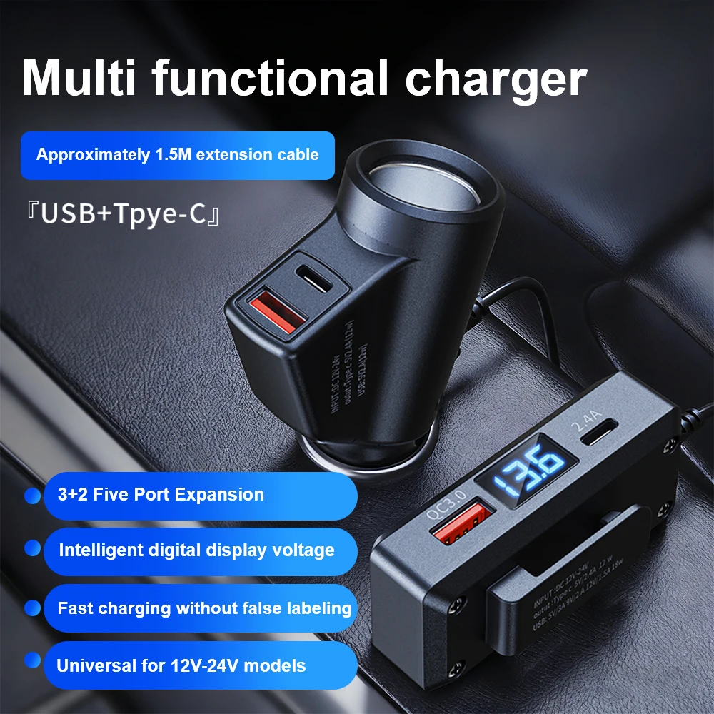 

QC3.0 + PD TypeC Автомобильное зарядное устройство с цифровым дисплеем Быстрая зарядка Многофункциональный USB-адаптер для быстрой зарядки Универсальное автомобильное зарядное устройство