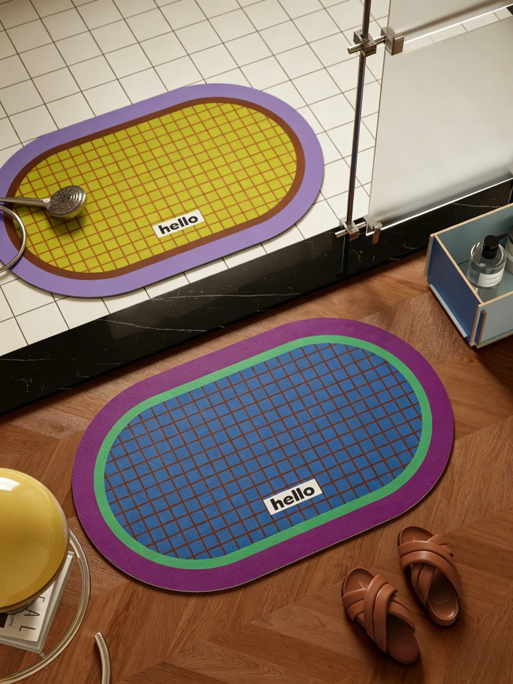 Vintage Contrast Grid Hello Oval Bath Rug, Quick Dry Non Slip Diatom Mat for Bathroom Shower Entryway Decoration