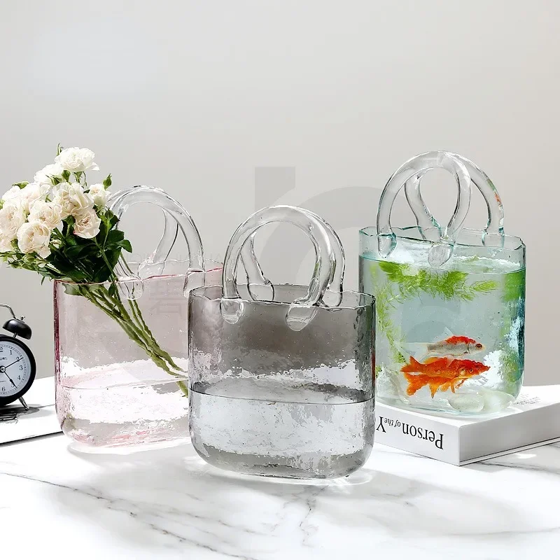 nordic-vase-home-decor-ins-style-original-bag-glass-vase-designer-handbag-hydroponic-flower-basket-glass-fish-farming-fishbowl