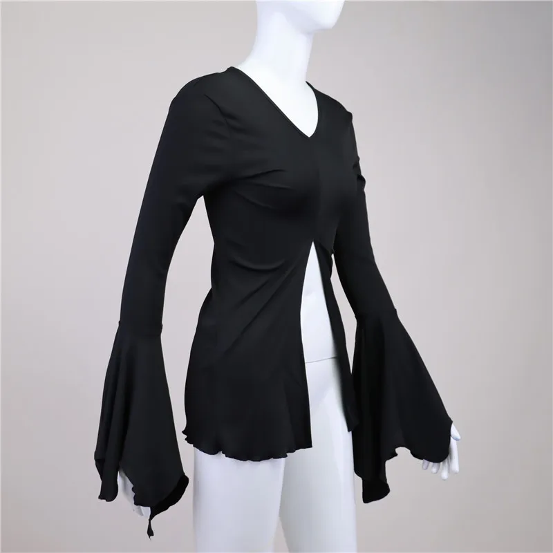 Goth Dark Fairy Grunge Flare Sleeve V-neck T-shirts Gothic Split Sexy Lettuce Hem Female Blouses Y2k Black Slim Fashion Alt Tops