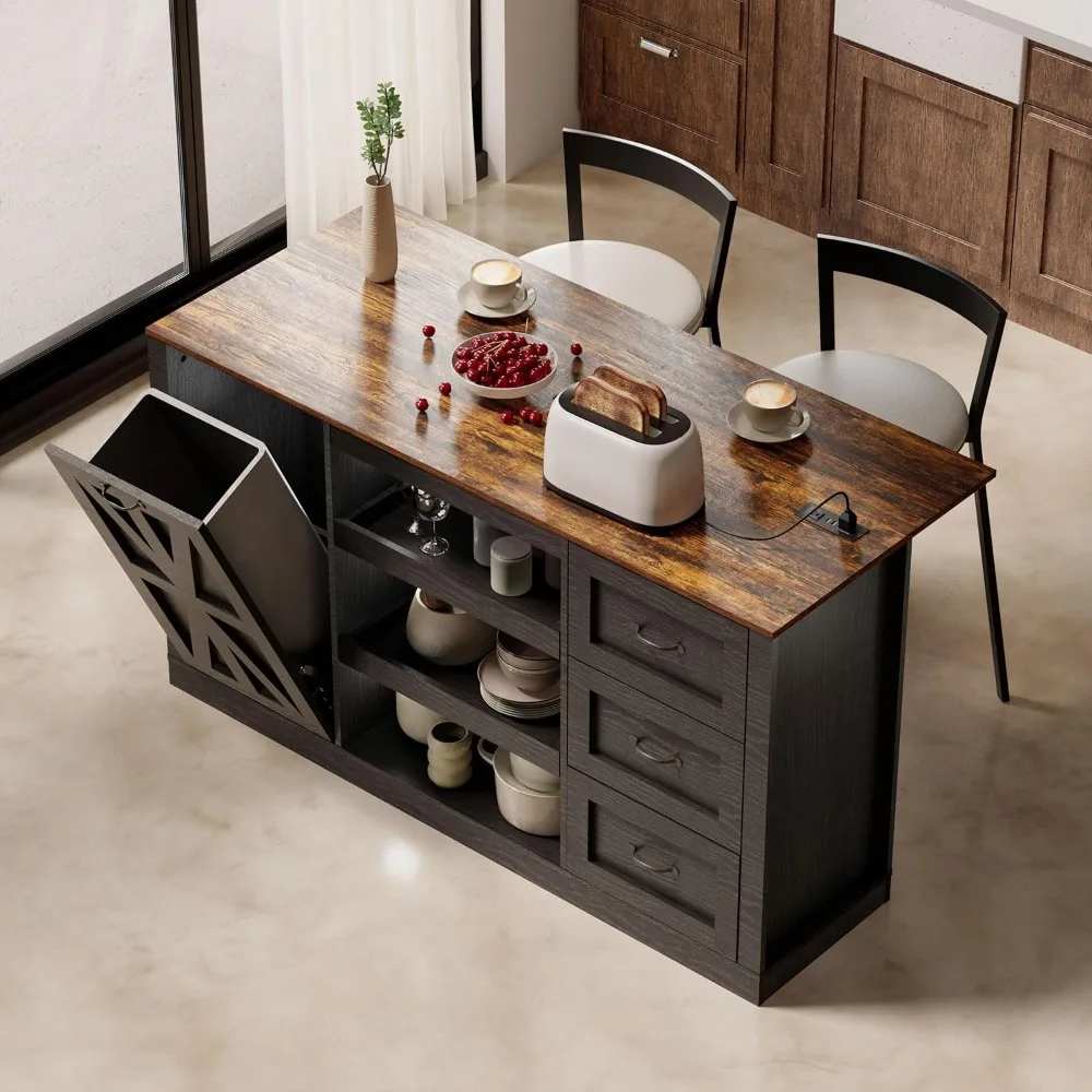 Isla de cocina grande de 59 pulgadas con toma de corriente y hoja abatible, mesa de isla de cocina estacionaria con almacenamiento de cubo de basura, café de granja