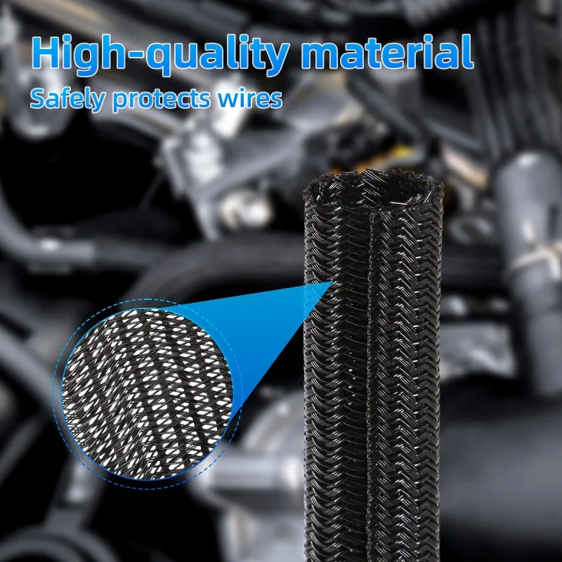 2-10M Black Self-Closed Cable Sleeve 3mm-50mm PET Braided Expandable Auto Line Protection Loom Split Sheath Wire Wrap Organizer