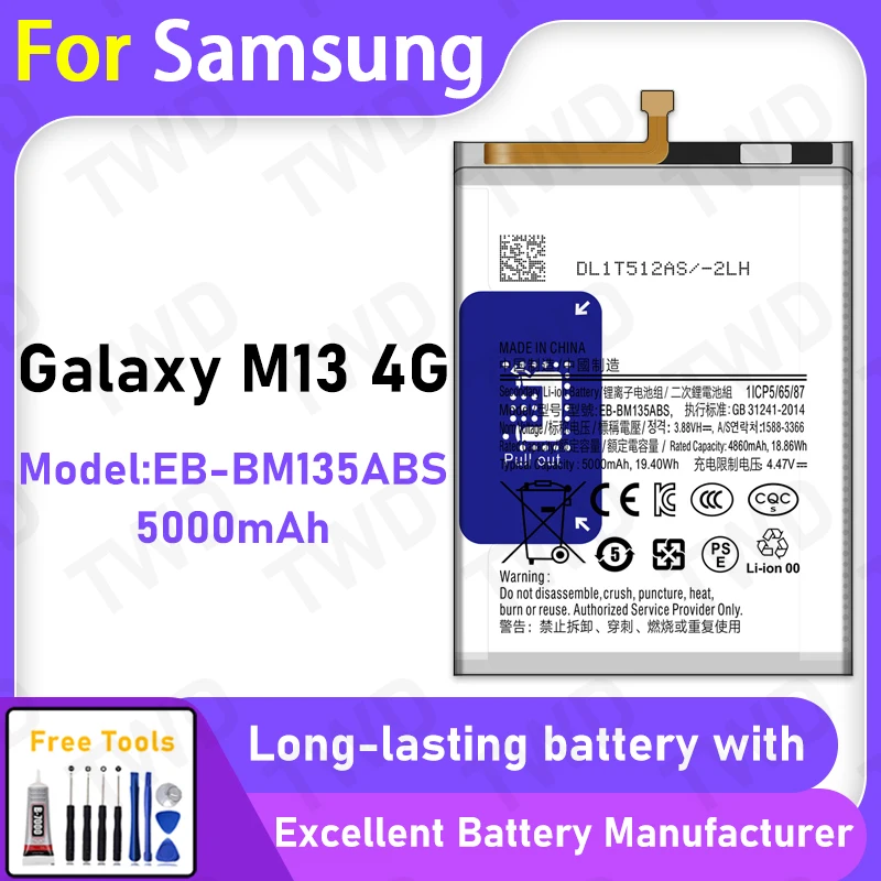 

100% New 5000mAh EB-BM135ABS Battery For Samsung Galaxy M13 4G Battery Replacement Bateria+Free Tools