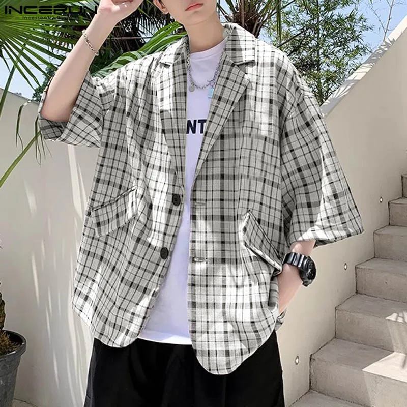 INCERUN Tops 2024 Korean Style Handsome New Men's Plaid Design Loose Suit Coats Casual Streetwear Male Half Sleeve Blazer S-5XL