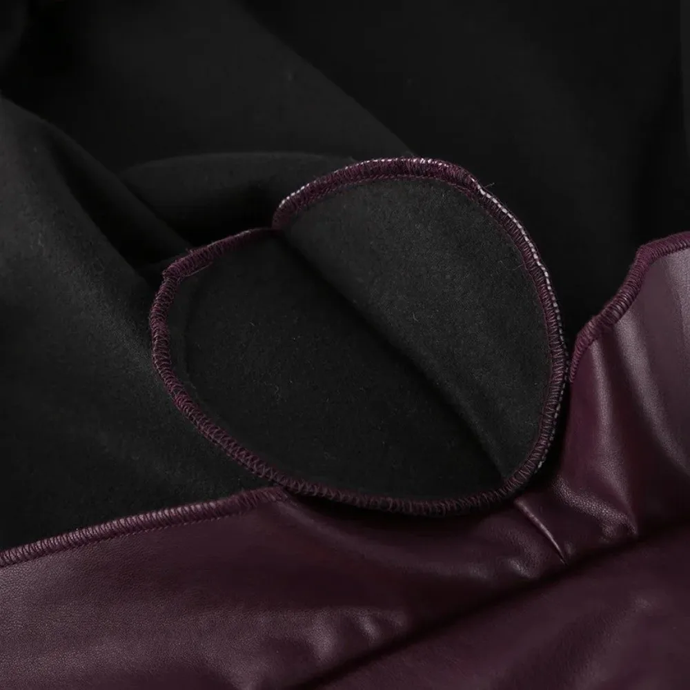 Vintage Leather Jacket Garment Stand Collar Mid Length Cut Women Fashion Top Tie Waist Frame Cool Street Style