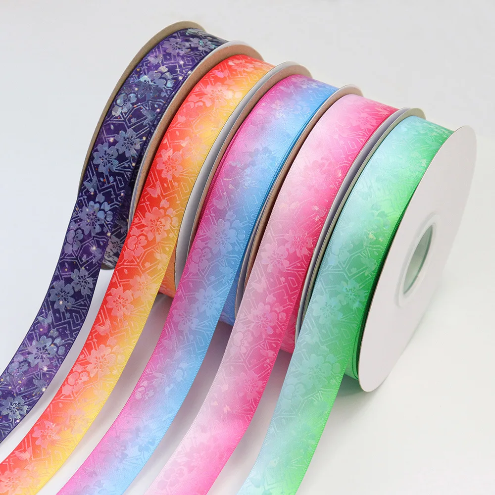 25mm Hologram Transparent Foil Floral Gradient Satin Ribbon 50 Yards/Roll for DIY Badge Gift Wrapping Craft Custom Designs