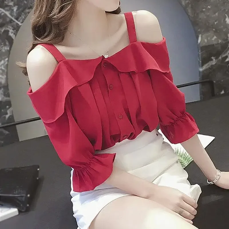 

Fashion Slip Slash Neck Off Shoulder Ruffles Shirts Women's Clothing Summer New Loose Sweet Tops Butterfly Sleeve Blouses Z26