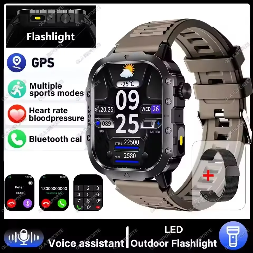2026 Nieuwe Militaire Outdoor Smart Horloge Heren GPS Zaklamp Bluetooth Oproep 2.01 "AMOLED Scherm 3ATM Waterdichte Sport Smartwatch