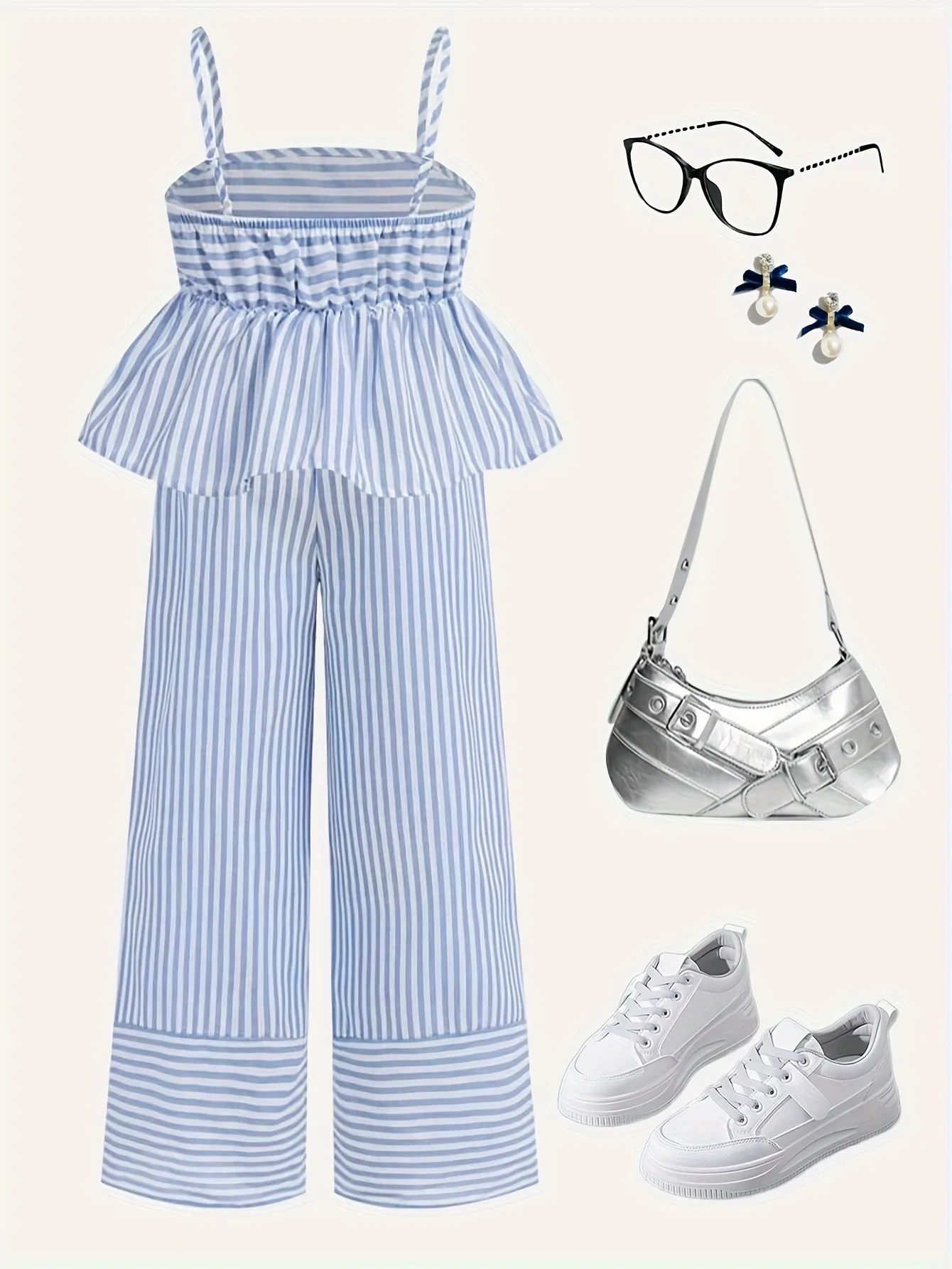 Bequemes 2-teiliges gestreiftes Set für Mädchen, Peplum-Oberteil aus atmungsaktivem Stoff und Hose mit weitem Bein für Schule und Urlaub – Detail 3