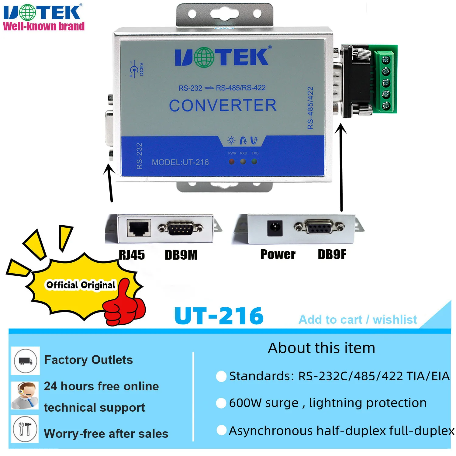 UOTEK Converter RS232 to RS485 RS422 Conversion Adapter DB9 Com Connector 600W Lightning Surge Protection UT-216