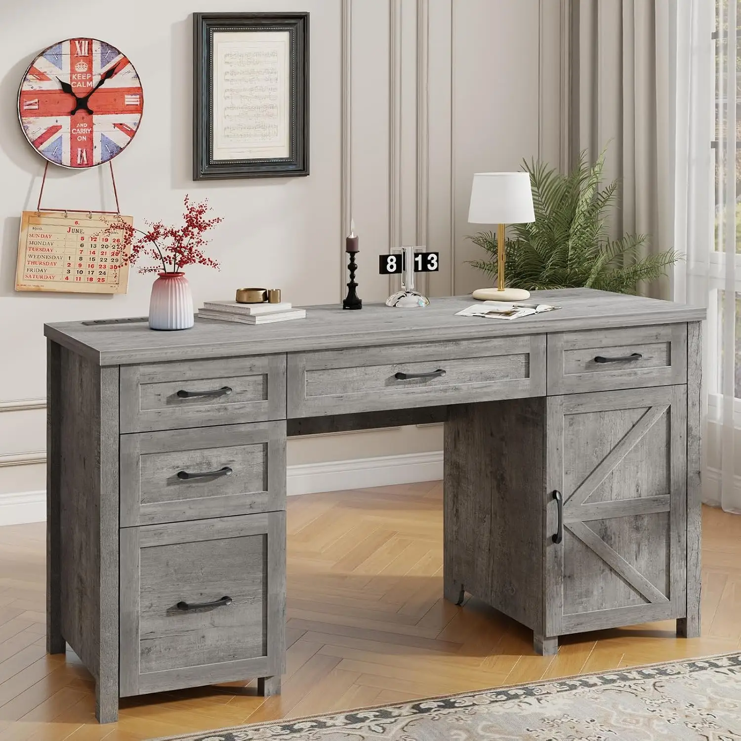 

Farmhouse 61'' Executive Desk With 5 Drawers, Rustic Office Desk Computer Desk With Charging Station, File Drawers And Storage