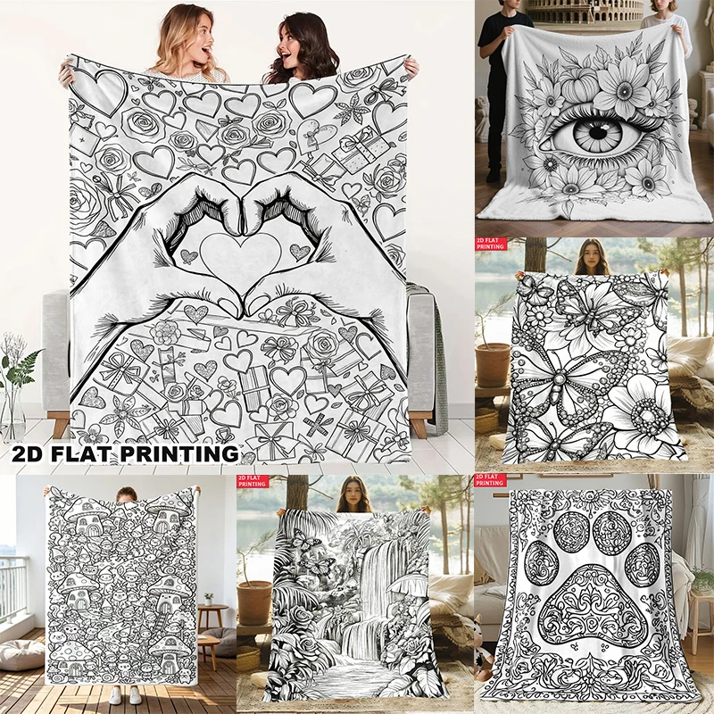 Black White Line Art Throw Blanket Multiple Sketch Pattern Collection Hand Heart Floral Nature Decor Sofa Bedroom Blanket