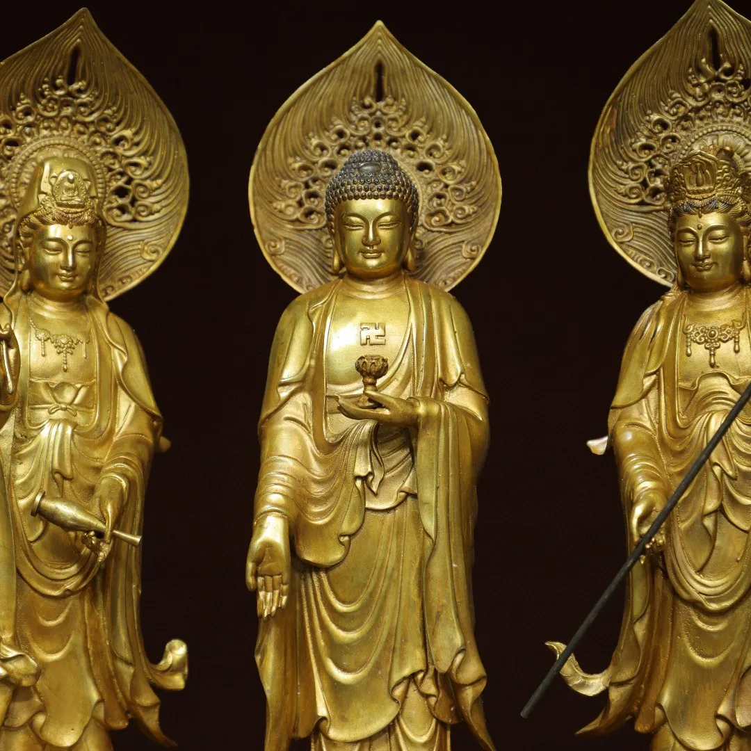 Tibetan Western Three Saints Brass Gilt Sakyamuni's general trend to Guanyin Ornament Home Buddhist Hall Supplies 35cm