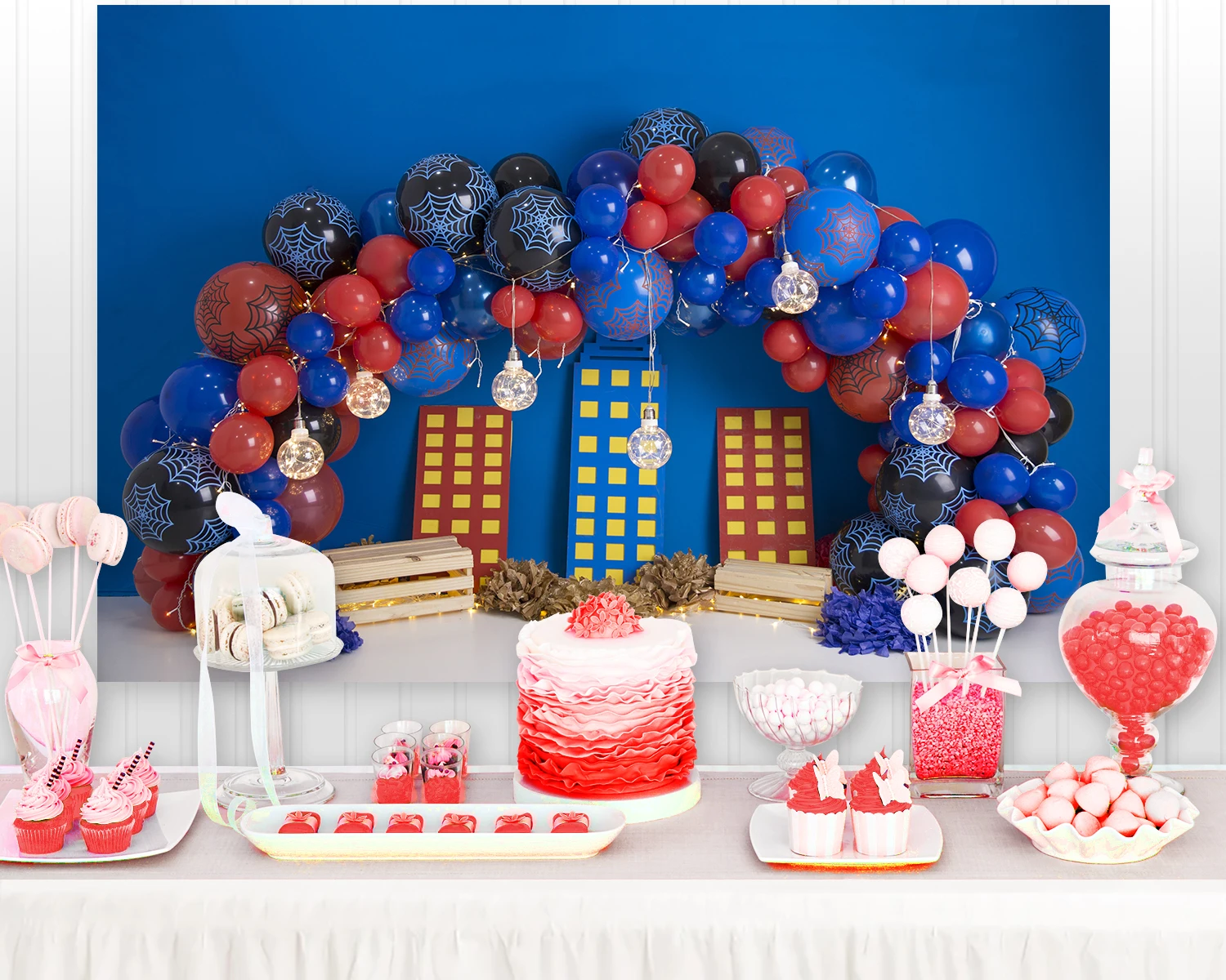 Blue theme City Building Cake Smash Backdrops Boy 1st Birthday Background Spider Balloons Photocall Photo Studio Vinyl