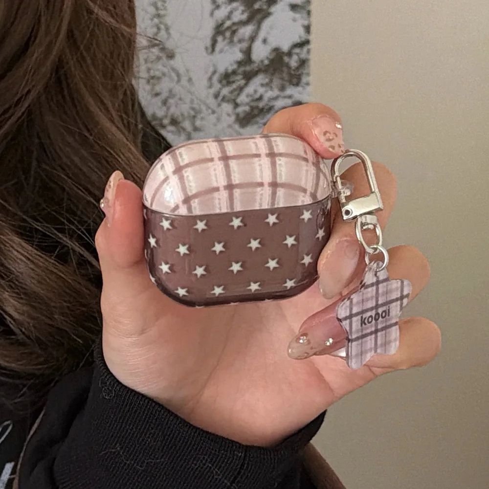 Brown Plaid Transparent Soft Earphone Case Cute Star Pendant Anti Fall Shockproof Protection Cover for AirPods 1 2 3 4 Pro 3 2