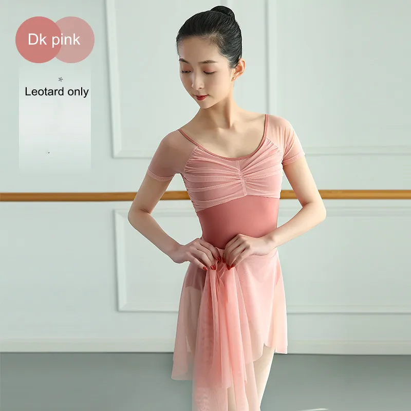 Ballet Leotards for Women Adult Dance Camisole Gymnastics Leotard Dk Pink Clothes Sexy Mesh Short Sleeve Costume