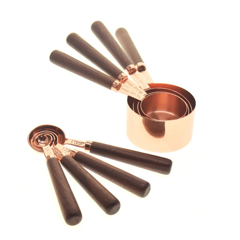 Measuring Cups Spoons Set Wood Handle Stainless Steel Plated Copper Metal Measuring Scoop Baking Kit Kitchen Accessories