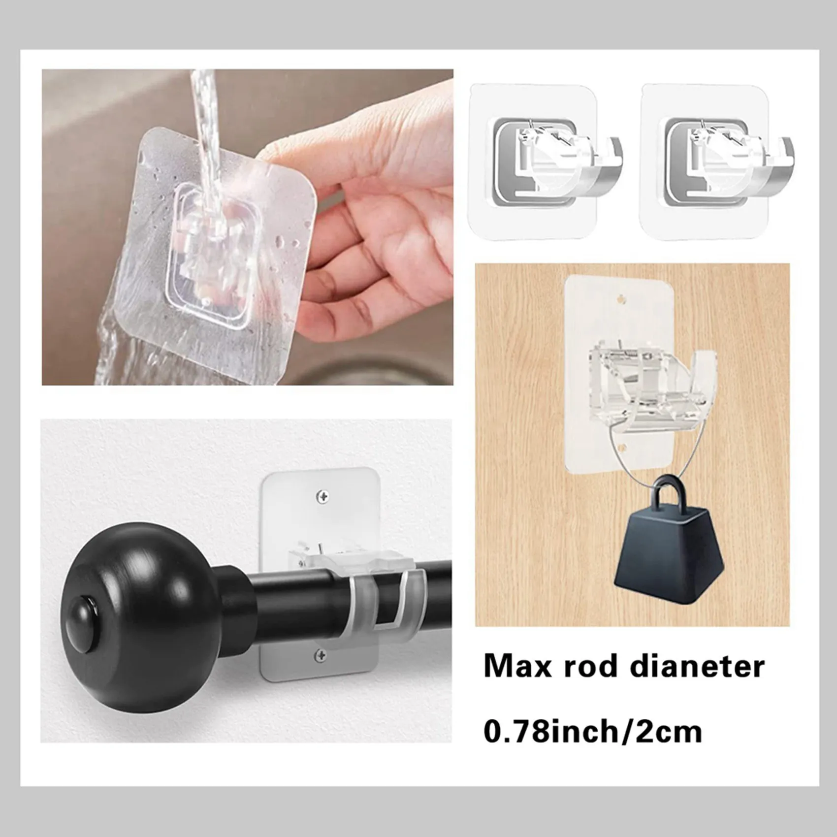 78PCS Curtain Rods No Drill Curtain Rod Brackets Hooks Nail Free Adjustable Stick On Curtain Rod Transparent Hook-A68E
