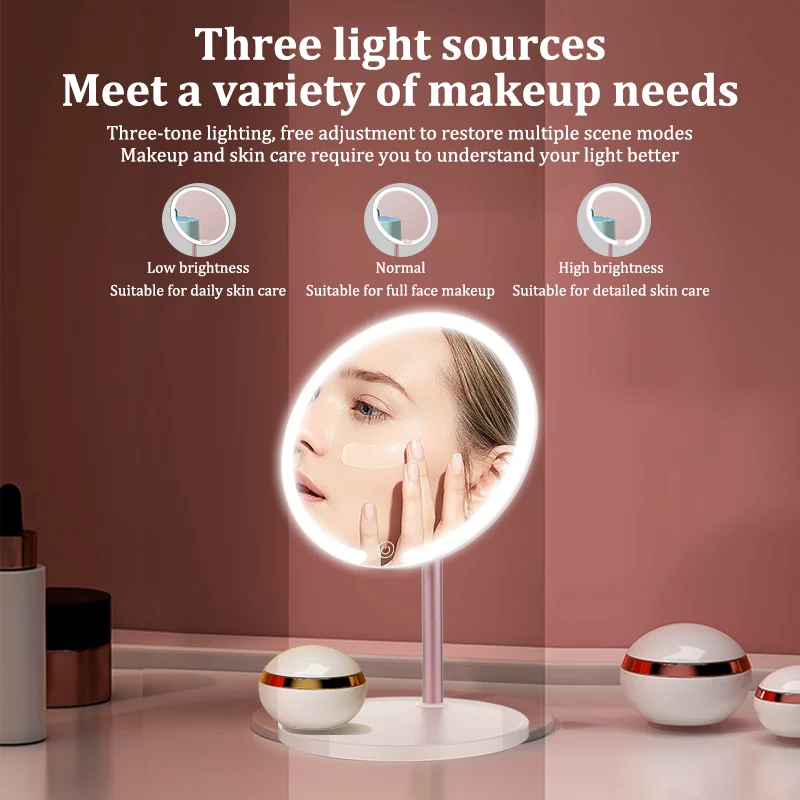 1200 mAh LED Vanity Mirror Tri-color Light Adjustment Touch Screen Portable Ultra Long Life Tray Organizer Desk Makeup Mirror