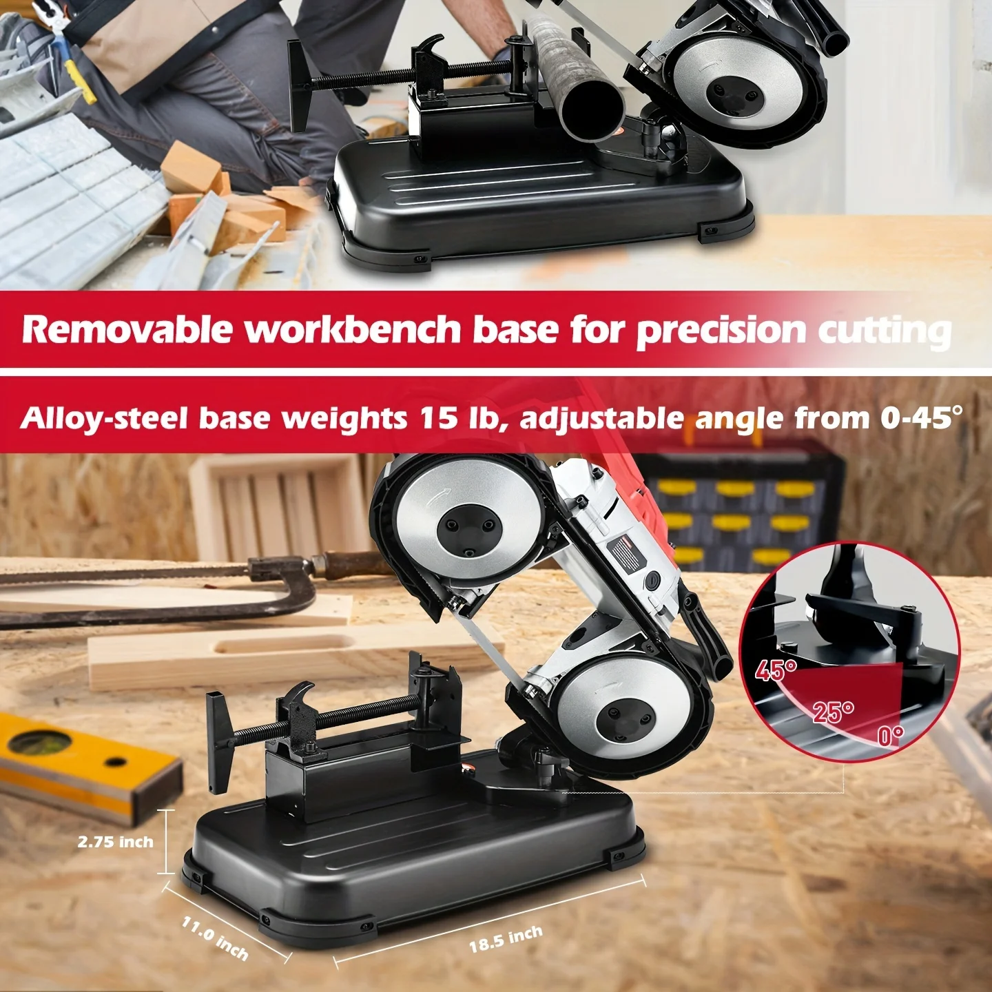 PowerSmart Portable Band Saw with Removable Alloy Steel Base, 10Amp 1100W Motor 5-Inch Deep Cut Bandsaw for Metal Wood