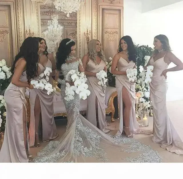 Vestido de novia de sirena personalizado, apliques de encaje con cuentas transparentes sexis, ilusión de cuello alto, vestidos de novia de trompeta champán de manga larga