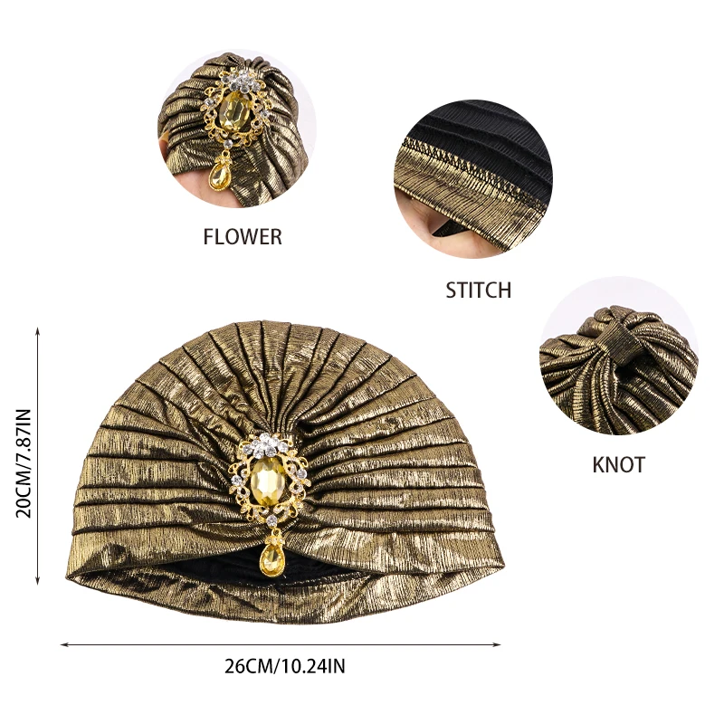 New Elegant Women\'s Rhinestone Pendant Turban Solid Color Elastic Head Wraps Breathable Head Scarf Ramadan Chemo Cap Beanies