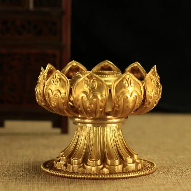 Tibetan ritual utensils, copper gilded hand cranked prayer wheel, lotus base, single-layer diameter 8.5cm