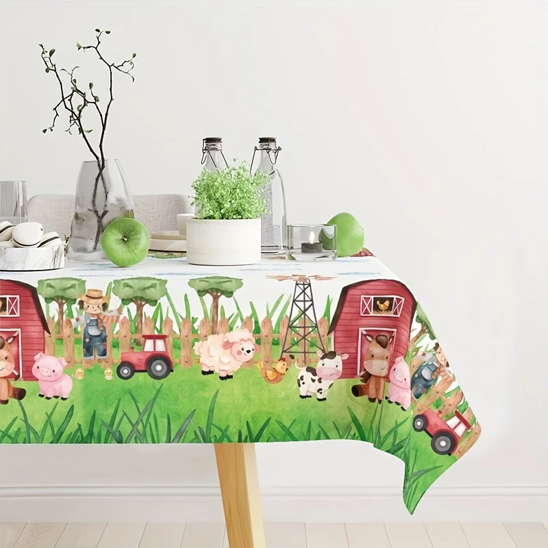 1pc, Farm Theme Tablecloth, 51.18 X 86.61inch PE Tablecover, Farm Animals Red Cabin Table Cloth, Birthday Party Decoration, 1St