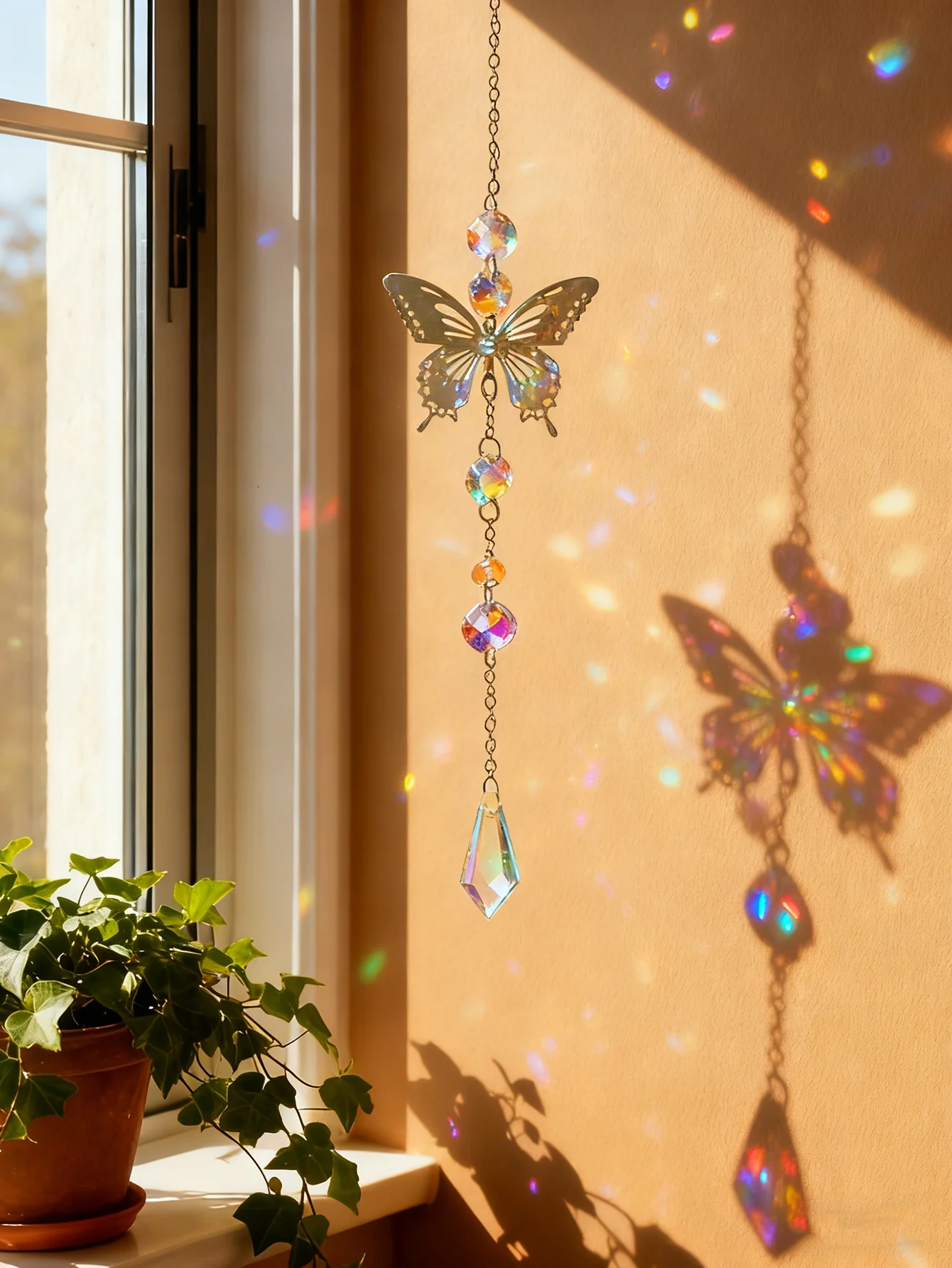 Butterfly Crystal Suncatcher Rainbow Maker Hanging Ornament with Prism Beads Light Catcher for Window Home Garden Decor Gifts