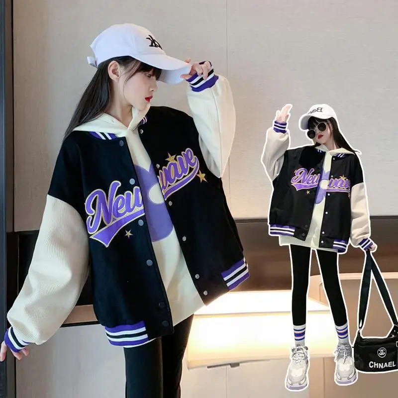 

Girls Contrast Alphabet Patchwork Single-breasted Loose Sweat Varsity Jackets School Kids Track Coats Child Outfit Tops 3-16Yrs