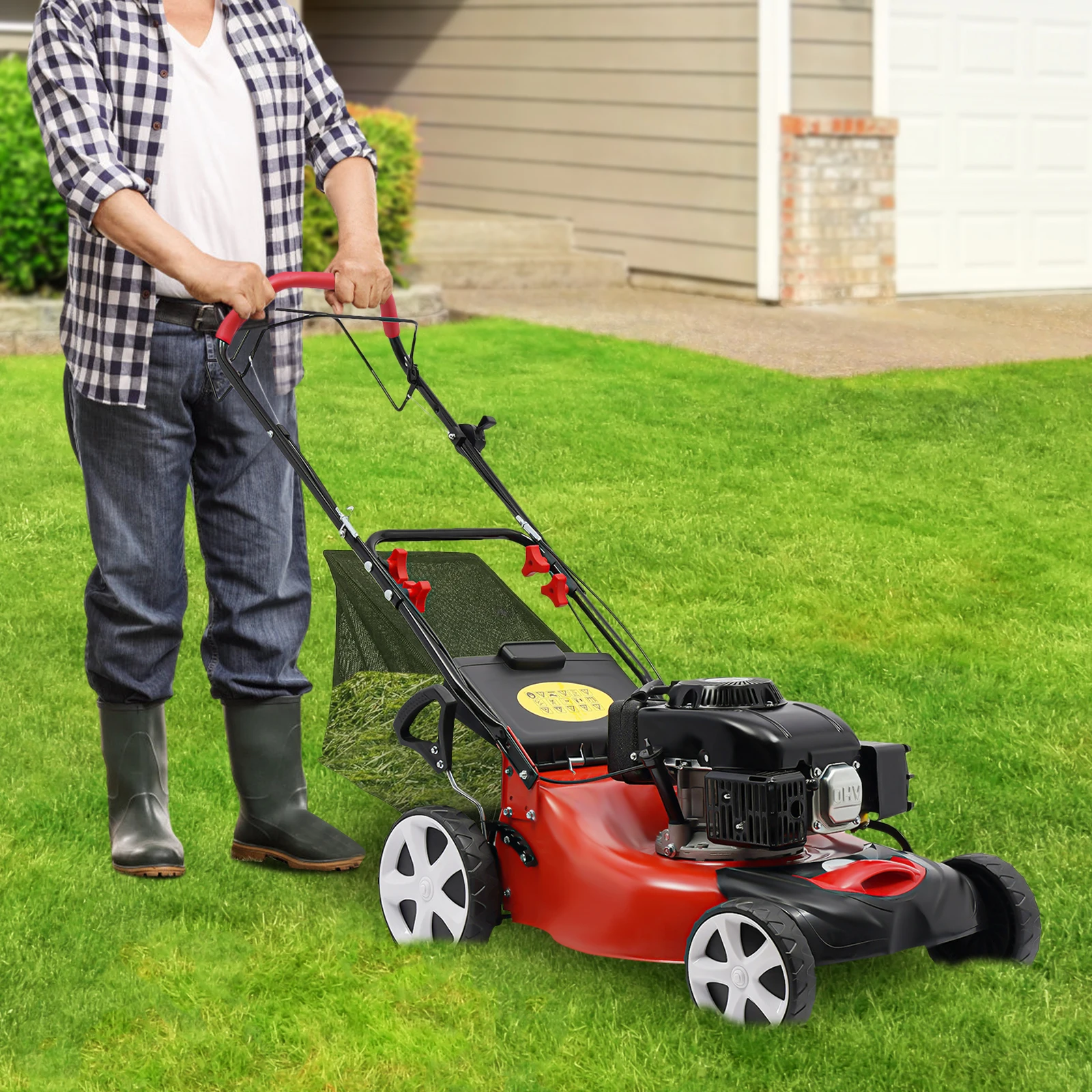 140cc Gasline Powered Lawn Mower 4-Stroke 4KW Engine Handle Self Propelled 3-in-1 w/Bagger Height Adjustable for Yard