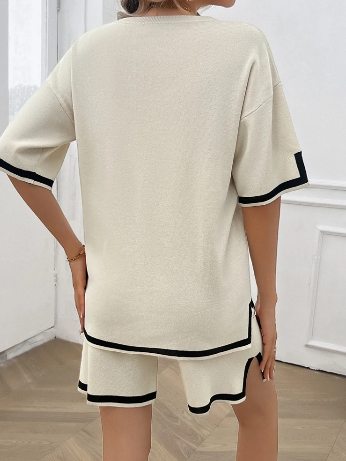 2024 Two Piece Set for Women New Fashion Solid Color Casual Style Short Sleeve Crew-Neck Casual Sweater Pants Set