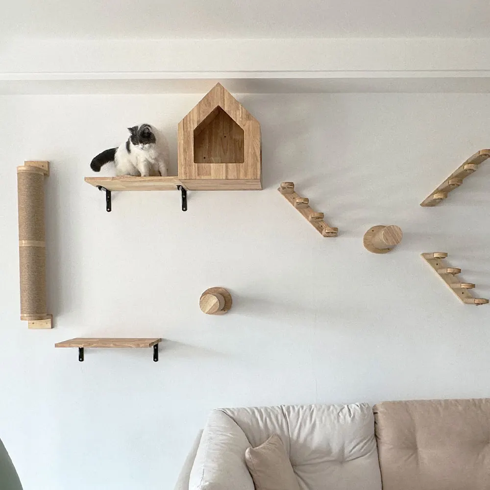 Wooden Wall Mounted Cat Climbing Shelves Cat House and Jumping Platform with Sisal Ladder for Climbing and Sleeping Scratching