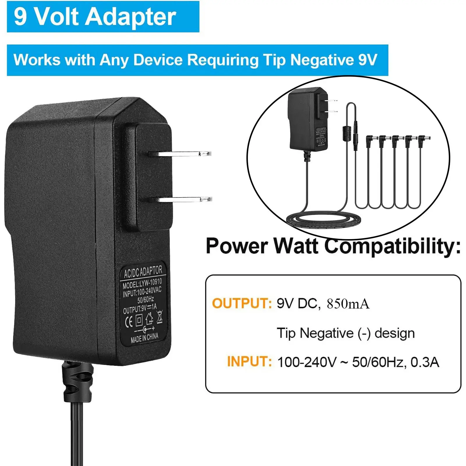 

850mA Power Adapter for Electric Guitar Effects Pedal Tip-Negative Daisy Chain Cables 6.6ft Musical Instruments Parts