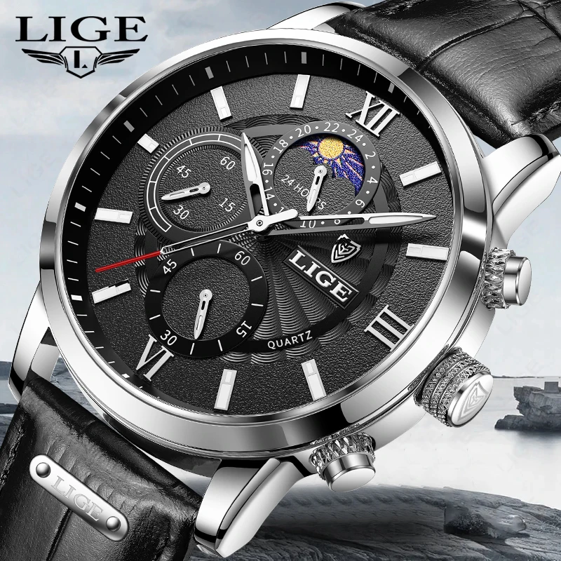 

LIGE 2024 Men Watches Luxury Black Leather Waterproof Sports Quartz Chronograph Military Watch Men Clock Relogio Masculino+BOX