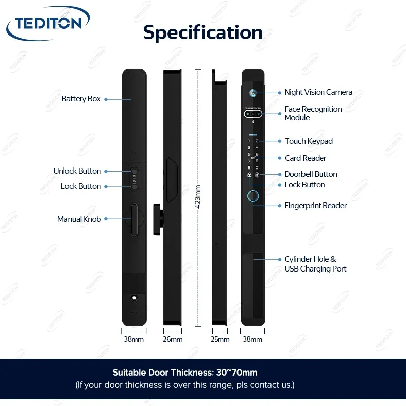 Tediton Smart Lock Cnc Европейская алюминиевая дверь Домофон в реальном времени 3d Face Tuya Wi-Fi Цифровой умный дверной замок с камерой Wi-Fi