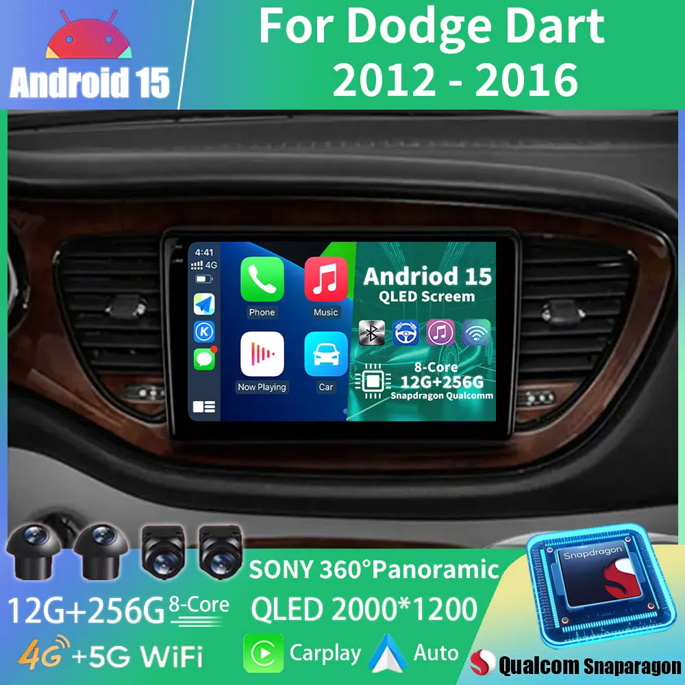 Автомобильный радиоприемник Android 15 для Dodge Dart 2012-2016, мультимедийный стереоплеер NAVI DSP, GPS RDS, головное устройство, беспроводной Carplay Auto QLED DTS