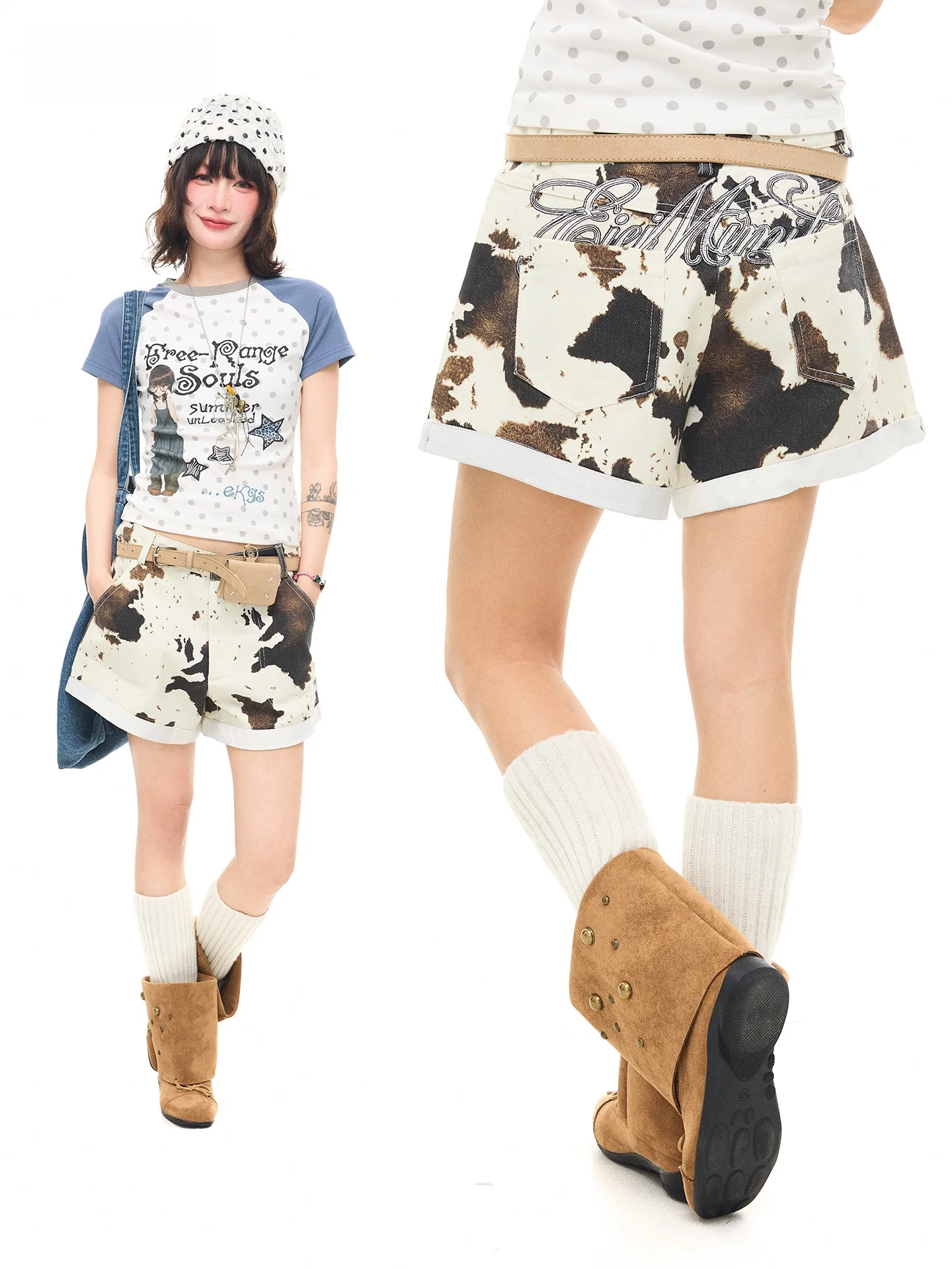 

Sanowers American Retro Cow Pattern Denim Shorts Women Summer Slim Straight Low Waist Bodycon Hot Pants Soft Cotton Casual Jeans