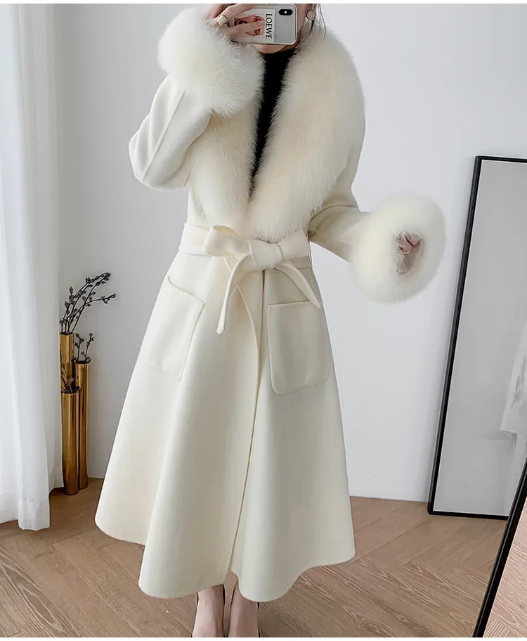 

Hot Sale Double sided woolen coat 2024 autumn/winter new Korean version fox fur collar long slim fit skirt jacket for women