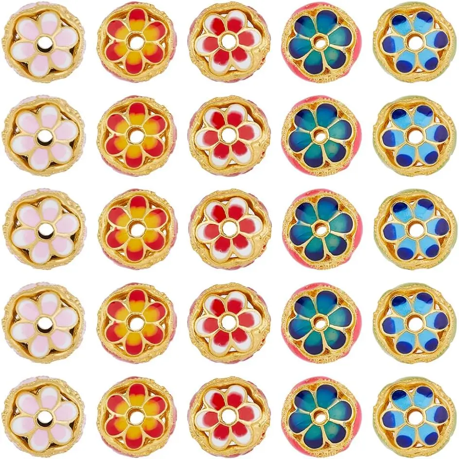 5 Colors Alloy Enamel Beads 14mm Round Flower Enamel Beads Matte Gold Beads Charms Hollow Bead Ball Charm Bead for DIY