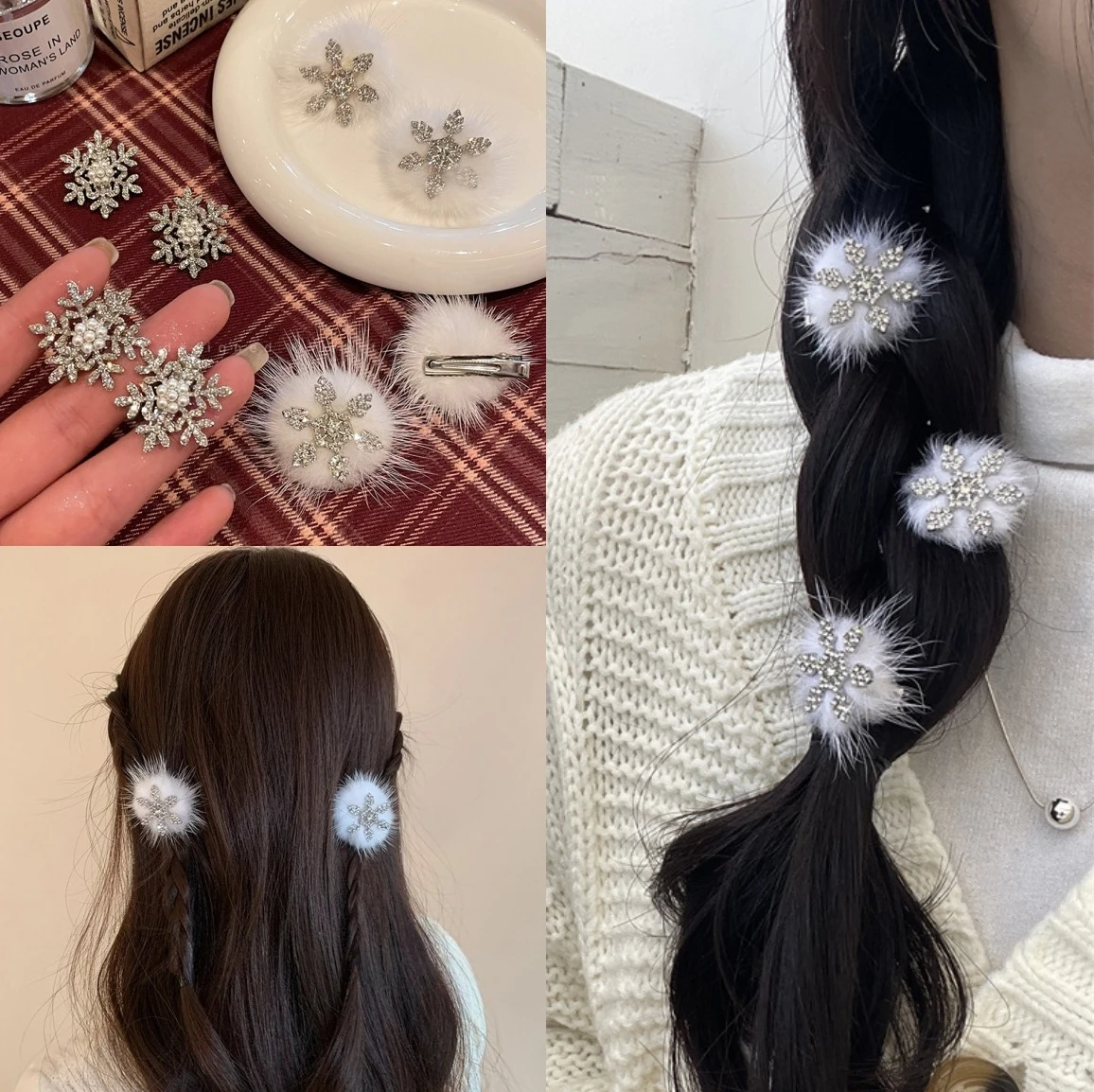

1/2pcs Sweet Cute Plush Snowflake Hair Clips with Pearl Rhinestone Bow Exquisite Duckbill Pins Christmas Party Hair Accessories