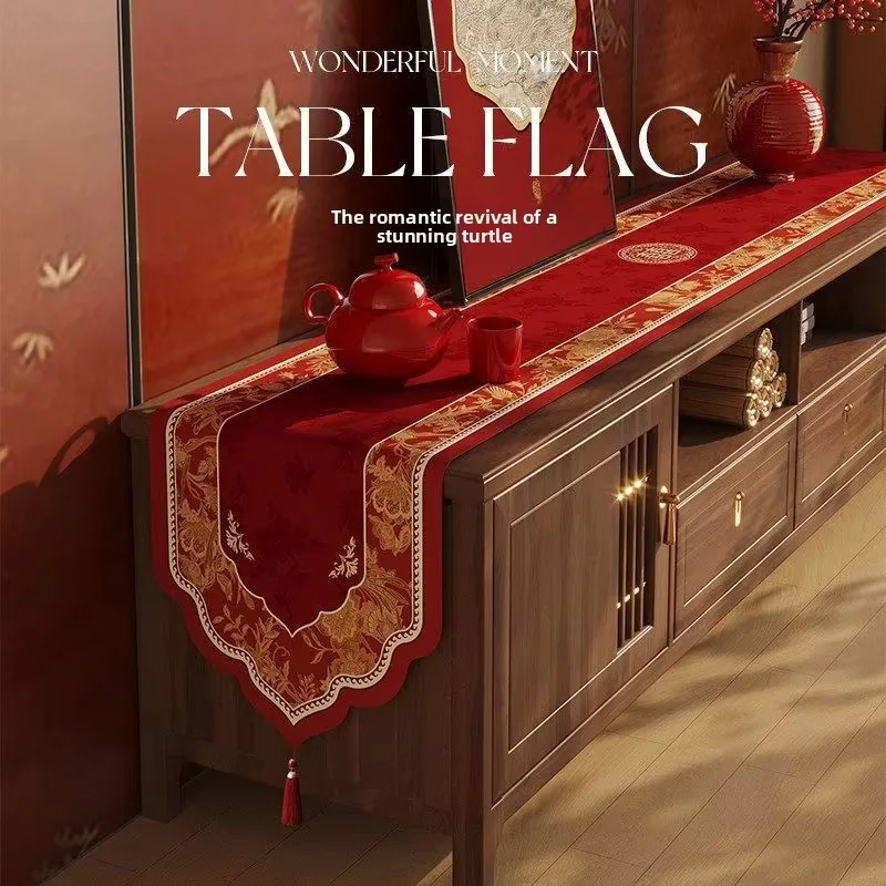 Wedding Special-shaped TV Cabinet Table Flag Red Festive Chinese Wedding Room Coffee Table Dining Table Decor Flag Tablecloth