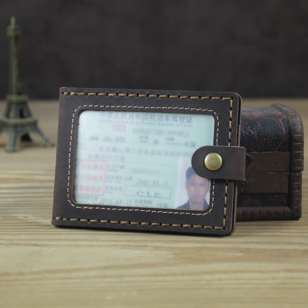 

Top Handmade Genuine Leather Driver License Cover Name Card Holder Badge Sleeve Card ID Case Photo Credit Card Holders Bus Card