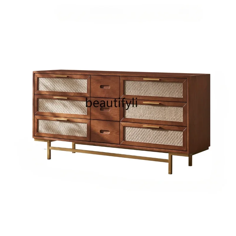 

Solid Wood Rattan Chest of Drawers Mid-Ancient Retro Silent Style Entrance Cabinet Solid Wood Storage Cabinet Storage Cabinet